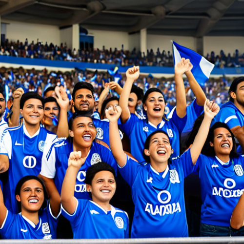 Home 6 A vibrant scene of diverse Salvadoran football fans, fully clothed in modest team jerseys and casual wear, cheering passionately in the stands of a bustling stadium. The atmosphere is electric, showing unity and national pride. The background features stadium lights and a distant view of the pitch. safe for work, appropriate content, family-friendly, perfect anatomy, correct proportions, natural pose, well-formed hands, proper finger count, professional photography, high quality.