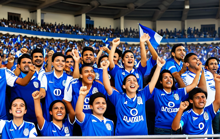 A vibrant scene of diverse Salvadoran football fans, fully clothed in modest team jerseys and casual wear, cheering passionately in the stands of a bustling stadium. The atmosphere is electric, showing unity and national pride. The background features stadium lights and a distant view of the pitch. safe for work, appropriate content, family-friendly, perfect anatomy, correct proportions, natural pose, well-formed hands, proper finger count, professional photography, high quality.
