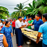 A vibrant scene capturing a Salvadoran street festival, filled with people of all ages. Families, teenagers, and elders are celebrating joyfully, fully clothed in modest, brightly colored attire with traditional design elements. The lively street is adorned with festive garlands, national flags, and decorations made from palm leaves. In the foreground, a friendly woman in appropriate attire serves delicious pupusas from a bustling food stall, with other traditional Salvadoran foods like fresh tropical fruits and horchata visible. People are seen dancing to the rhythm of cumbia and merengue, sharing food, and laughing together in a communal spirit. Children play nearby, adding to the cheerful atmosphere. This image should have perfect anatomy, correct proportions, natural poses, well-formed hands, proper finger count, and natural body proportions. It is safe for work, appropriate content, fully clothed, modest, and family-friendly.