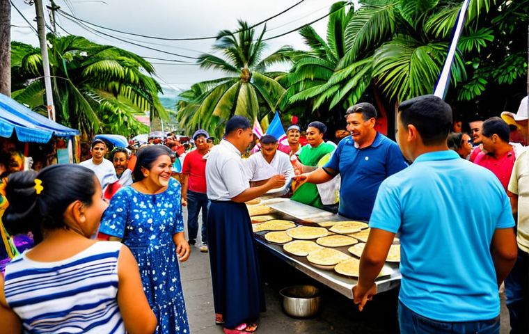 A vibrant scene capturing a Salvadoran street festival, filled with people of all ages. Families, teenagers, and elders are celebrating joyfully, fully clothed in modest, brightly colored attire with traditional design elements. The lively street is adorned with festive garlands, national flags, and decorations made from palm leaves. In the foreground, a friendly woman in appropriate attire serves delicious pupusas from a bustling food stall, with other traditional Salvadoran foods like fresh tropical fruits and horchata visible. People are seen dancing to the rhythm of cumbia and merengue, sharing food, and laughing together in a communal spirit. Children play nearby, adding to the cheerful atmosphere. This image should have perfect anatomy, correct proportions, natural poses, well-formed hands, proper finger count, and natural body proportions. It is safe for work, appropriate content, fully clothed, modest, and family-friendly.