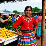 **

A vibrant photograph capturing a Salvadoran woman in a colorful "corteo" (skirt) and "huipil" (blouse) standing in a bustling local market. The clothing features intricate geometric patterns and bright colors like red, blue, and yellow. She's fully clothed in modest attire, accessorized with a woven belt and traditional jewelry. The background showcases vendors selling fresh produce and handicrafts. Perfect anatomy, correct proportions, natural pose, well-formed hands, proper finger count, natural body proportions. Safe for work, appropriate content, fully clothed, professional, family-friendly.

**