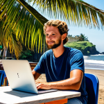 Digital Nomad Working by the Beach**

"A young, professional-looking digital nomad working on a laptop at a beachside cafe in El Zonte, El Salvador. The subject is fully clothed in comfortable, modest clothing suitable for a warm climate. A surfboard leans against a nearby palm tree. In the background, the ocean waves are gently rolling. Safe for work, appropriate content, professional quality, perfect anatomy, correct proportions, well-formed hands, natural pose, family-friendly, sunny day, vibrant colors."

**