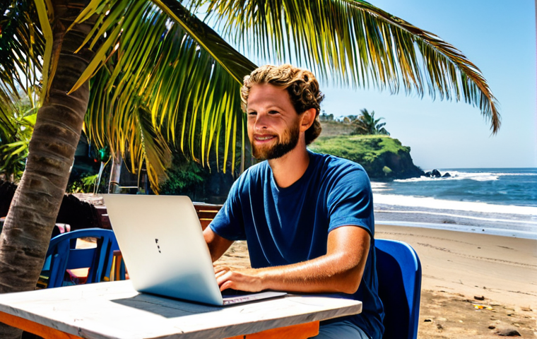 Digital Nomad Working by the Beach**
"A young, professional-looking digital nomad working on a laptop at a beachside cafe in El Zonte, El Salvador. The subject is fully clothed in comfortable, modest clothing suitable for a warm climate. A surfboard leans against a nearby palm tree. In the background, the ocean waves are gently rolling. Safe for work, appropriate content, professional quality, perfect anatomy, correct proportions, well-formed hands, natural pose, family-friendly, sunny day, vibrant colors."
**